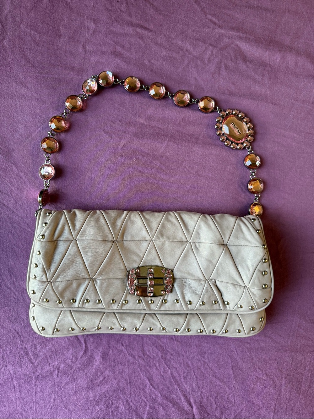 Miu Miu by Prada Quilt Studded Shoulder Bag Jeweled Chain Y2K Clutch Versatile